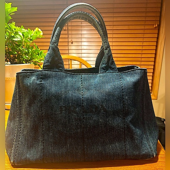 PRADA Canapa Tote Indigo Denim Hand Bag. Blue Denim/Gold tone hardware - Picture 1 of 15